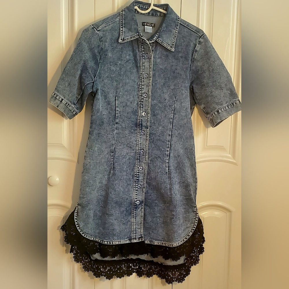 Venus Denim Dress with Black Lace Trim